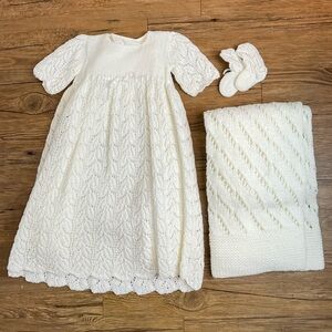 Vintage Christening Set Hand Knit‎ Dress Booties Blanket Baby Baptism White
